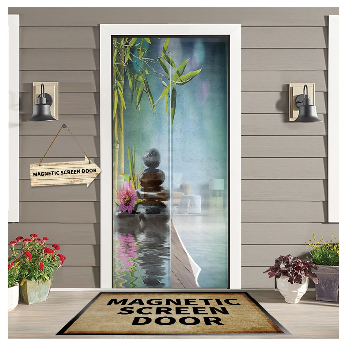 Stones Water Bamboo Flower Beautiful New Bedroom Door Curtain Magnetic Mosquito Screen Kitchen Door Voile Fabric Mosquito Net