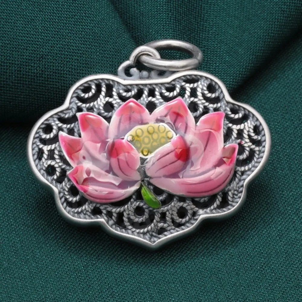 Real Pure S990 Sterling Silver Lucky Hollow Sutra Enamel Lotus Lock Pendant 9-10g