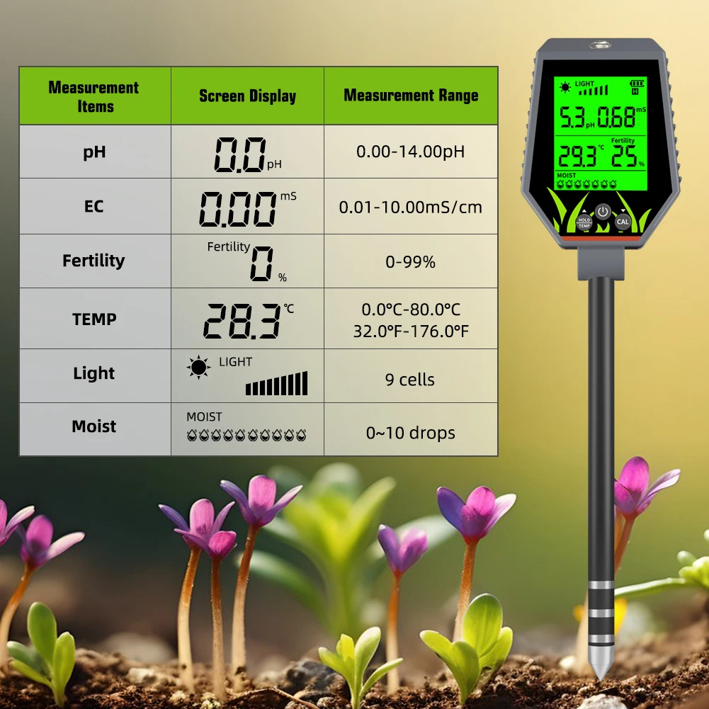 Digital 6 in 1 Multifunctional Soil PH EC Meter Farm Garden Fertility Moisture Test Detector Sunlight Monitor for Flower Plants