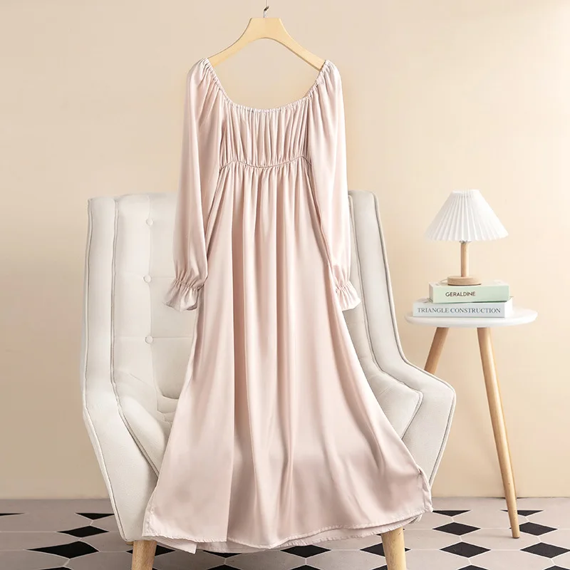 Female Long Nightdress Elegant French Palace Princess Nightgown Sleepwear Sexy Sweet Ruffle Lace Bathrobe Casual Satin Home Wear