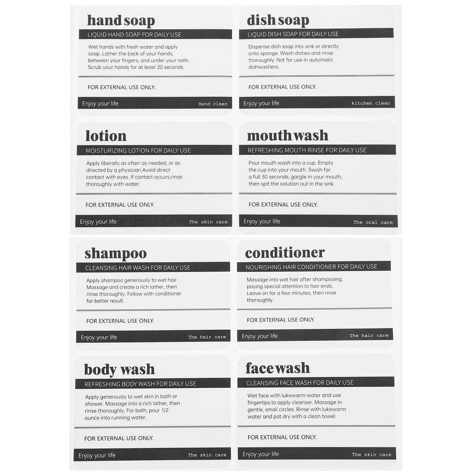 8 Sheets Bathroom Stickers Water Proof Skincare Shampoo Label Self Adhesive Cosmetics Sub Bottle Travel dispenser Bottle Sticker