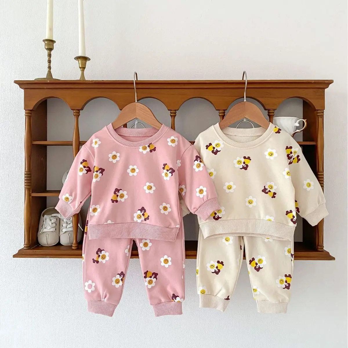 

T New baby spring and autumn baby boys and girls cute cartoon bear pattern hoodie pants sports 2 sets suitable for 0-2 years old