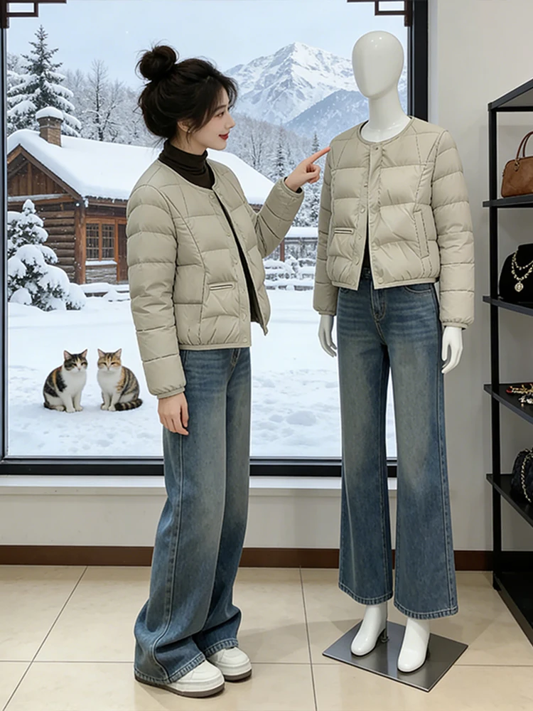 

Sli Unique Winter Faion Women's Cotton Jaet And Jeans Two-Piece Set ort down Coat High Waist Wide Leg Pants