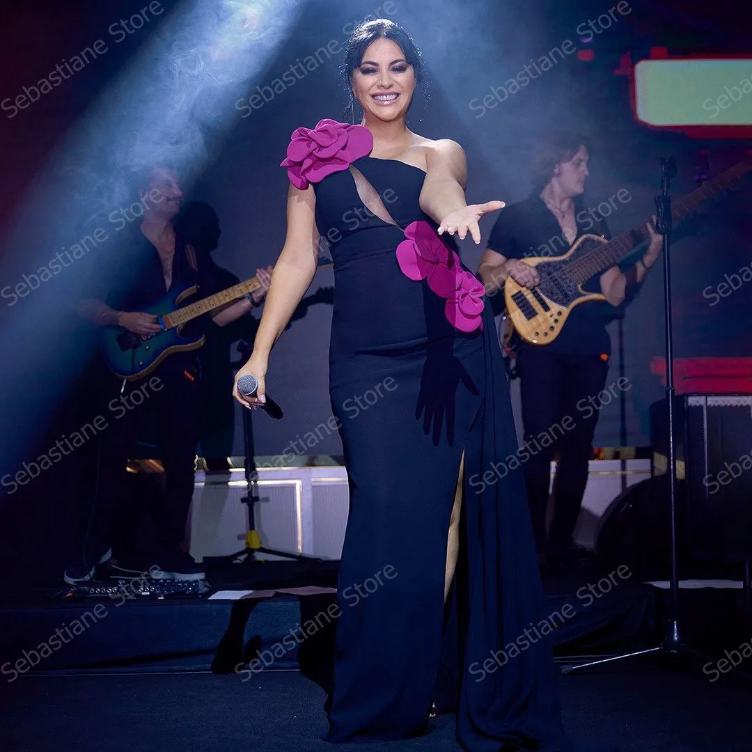 Vestido de um ombro com florais, vestidos de baile de cetim, fenda alta sem mangas, andar de comprimento, árabe e Dubai, preto na moda, ocasião formal