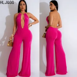 HLJ&GG Fashion Solid Backless Wide Leg One Pieces Jumpsuits Women Halter Sleeveless Straight Playsuits Elegant Lady Overall 2024