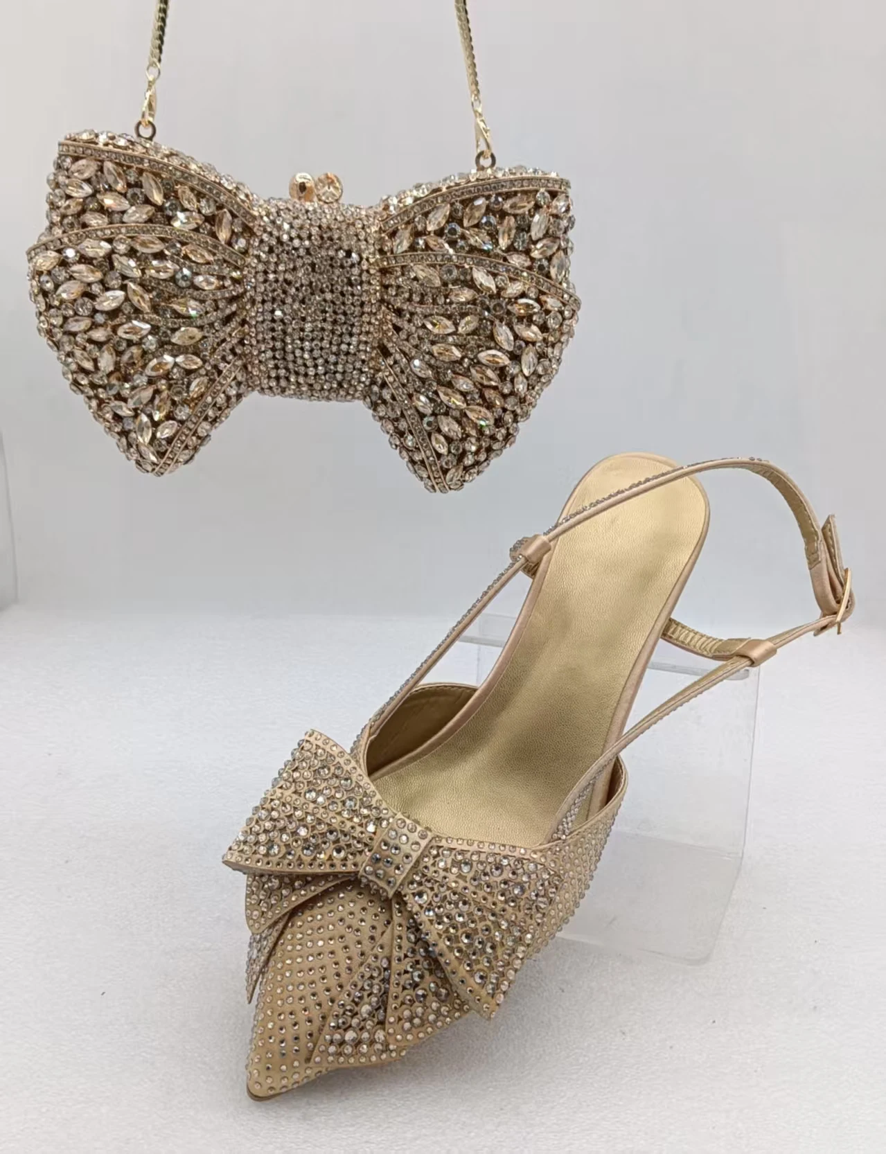 

INSIGHTLINK Женские золотисто-розовые туфли и сумки, комплект женской роскошной обуви на высоком каблуке со стразами, женские босоножки на каблуке и клатчи с бантом