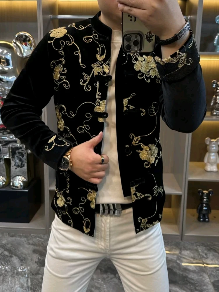 

Ele High-Quali Embroidered Men's Autumn Winter Jaet Comfortable Haome Tang Suit Outerwear Long Sve Casual Wear