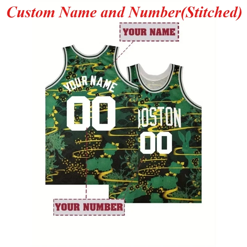 

Customize Men's Sleeveless Basketball Jersey with Rabbit and Plants Pattern Personalized Name and Number Boston DIY Tank Tops
