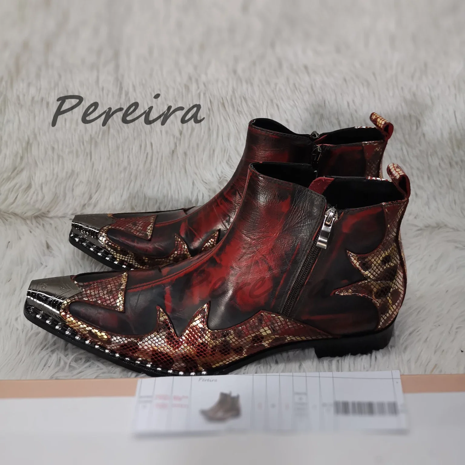 Leopard Print Patchwork Men\'s Boots Iron Pointed Toe Side Zipper Ankle Booties British Style Luxury Party Business Dress Shoes