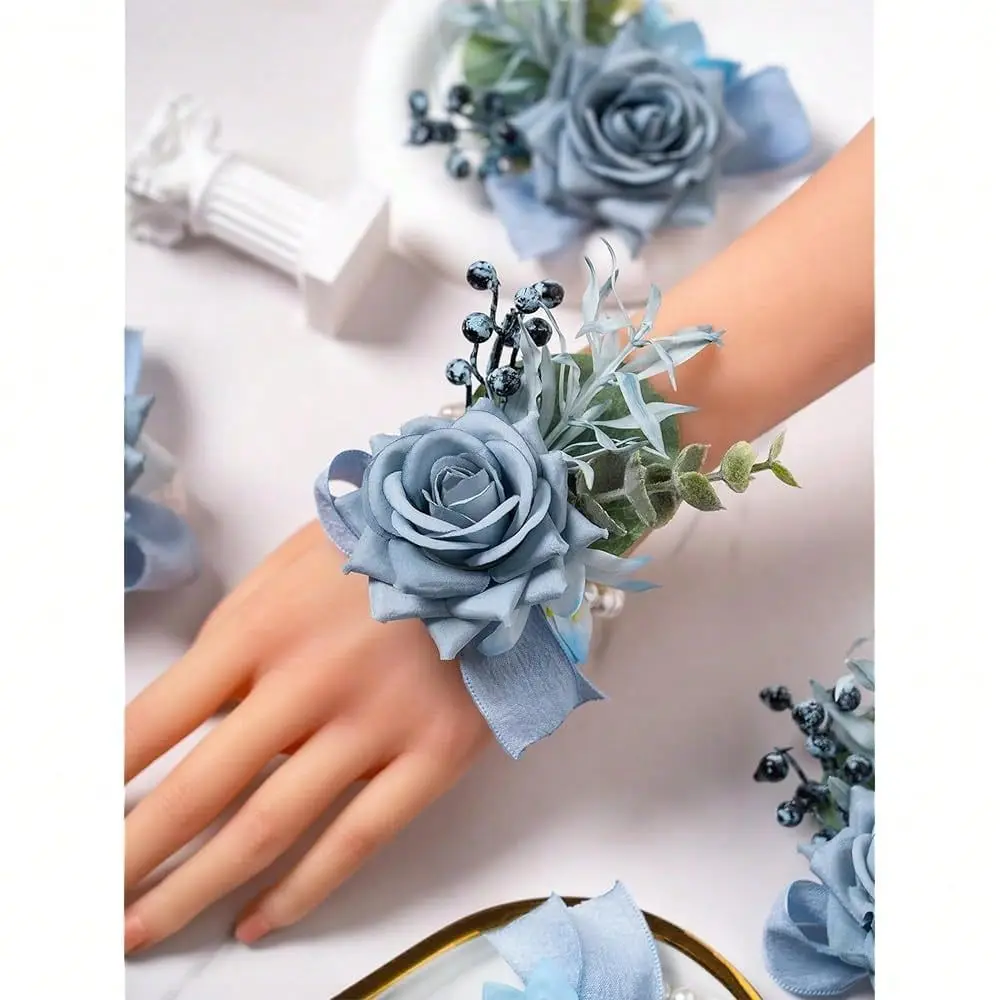 

Dusty Blue Corsage And Boutonniere Set, Rose Boutonniere For Men, Prom Flower Wrist Corsage Bracelets, Homecoming Corsages Wris