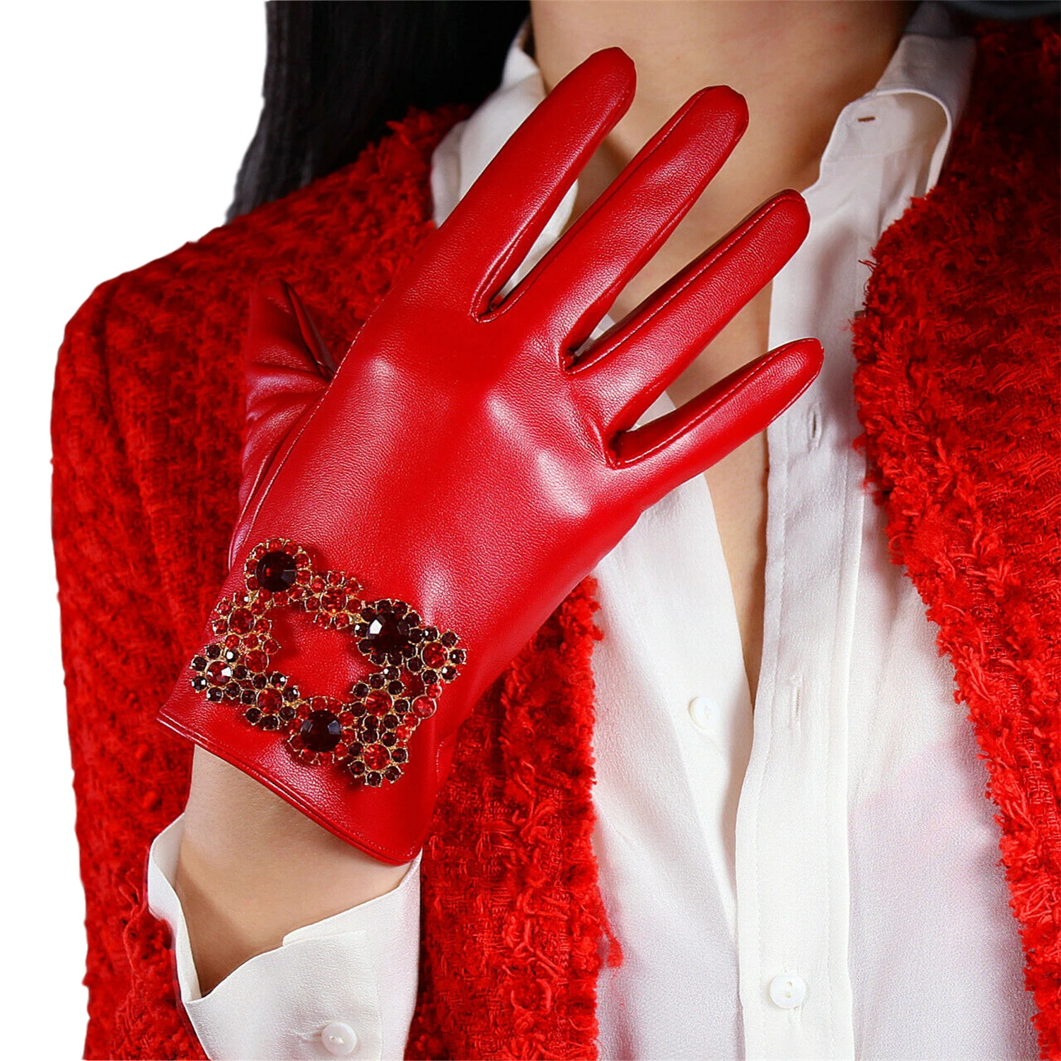 DooWay Women's Red Faux Leather Gloves Wrist Long Soft Sparkle Crystal Diamond Square Buckle Wedding Bridal Christmas Glove