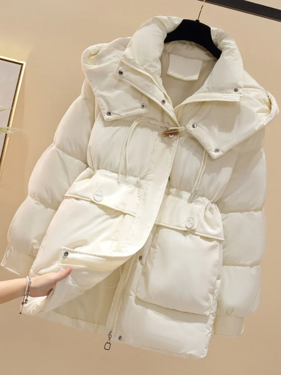 High End Pink Cotton Jacket for Women Winter 2024 New Popular Long Sleeve Hooded Warm Coat A-Line Tops Female Clothing