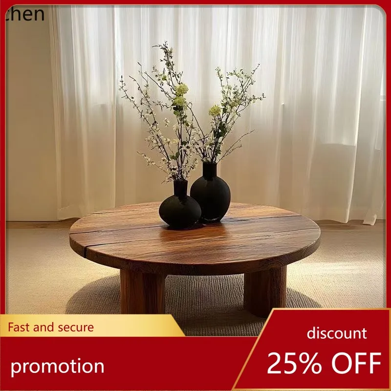 

CZ Vintage Style Round Coffee Retro Color Old Elm Wood Leisure Round Table Floor-standing Fireplace Tea Table Dining Table