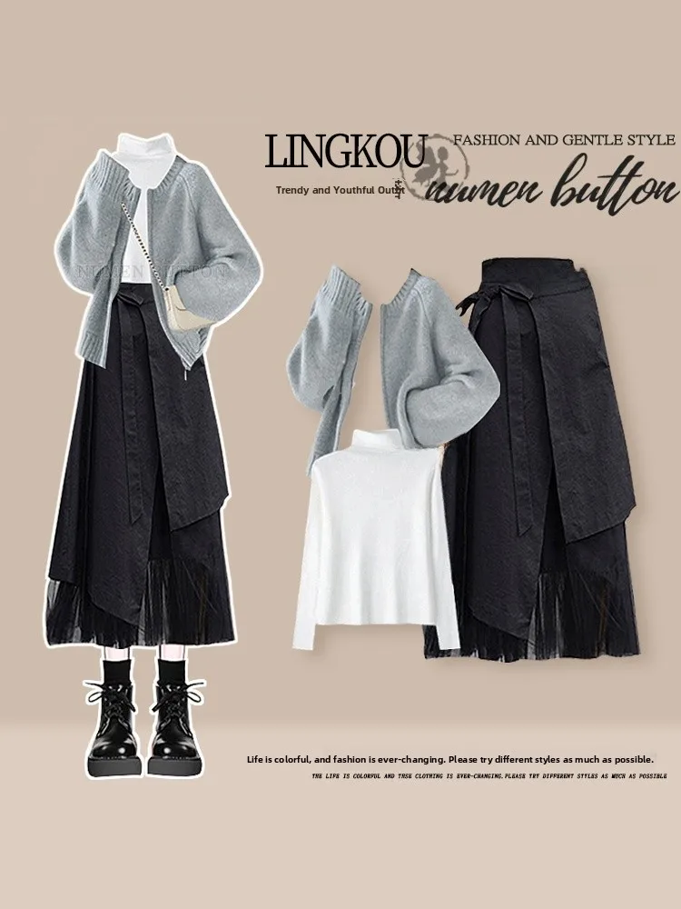 

Large Size Autumn Knitted Soft Style Women's Set High Waist Skirt Three-Piece Suit Casual Fashion Ensemble for Adults