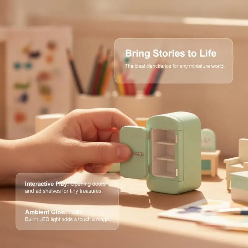 1/12 Scale Dollhouse Refrigerator Toy with LED Light Cute Mini Kitchen Accessory for Kids Adults Role Play Home Decor Gift