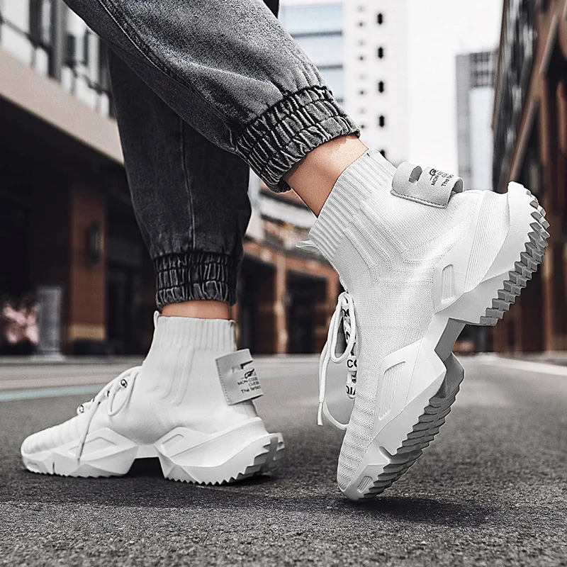 

Летние новые дышащие высокие кроссовки-носки для мужчин, модные спортивные повседневные кроссовки из тканого материала, большие размеры, стильные.