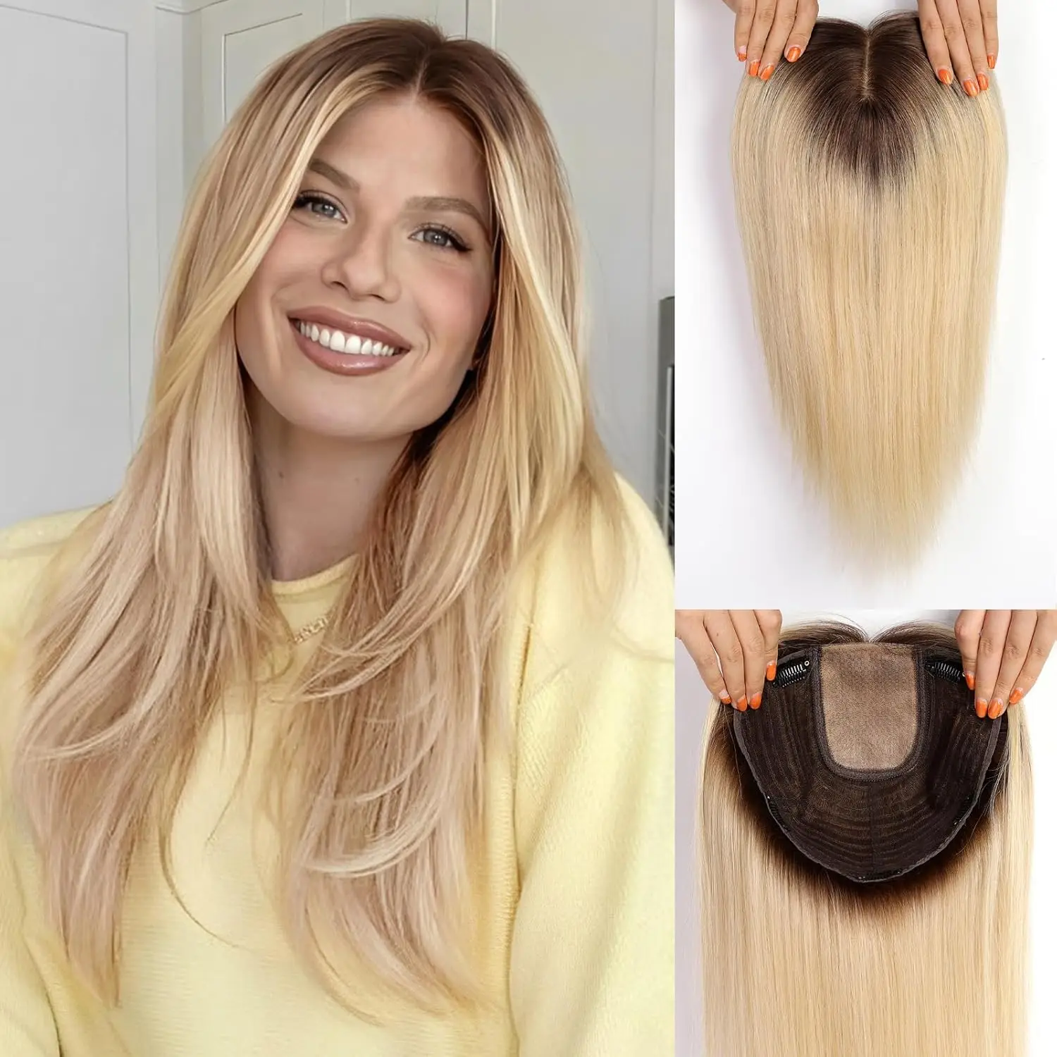 16 inches Remy Human Hair Topper for Women Brown to Blonde Ombre Hair Topper 9x9inch Large Base Hair Pieces With Clips Silk Base