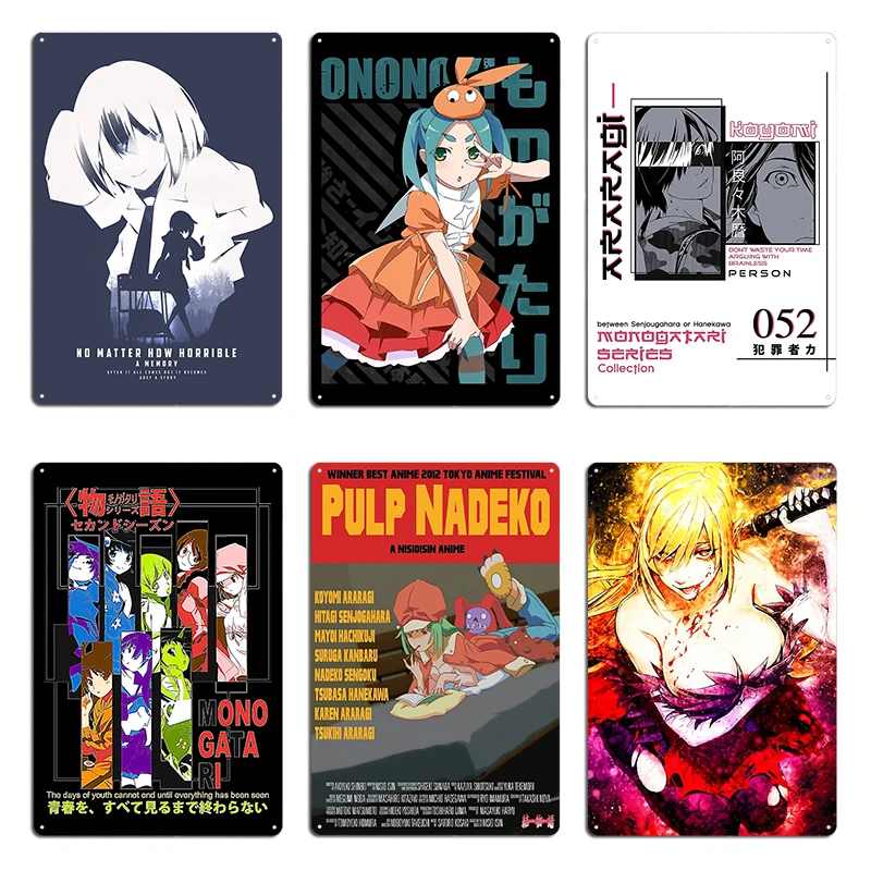 Bakemonogatari Ougi Oshino Monogatari Yotsugi Ononoki Araragi Koyomi decoración de Metal Club garaje cine cartel de estaño