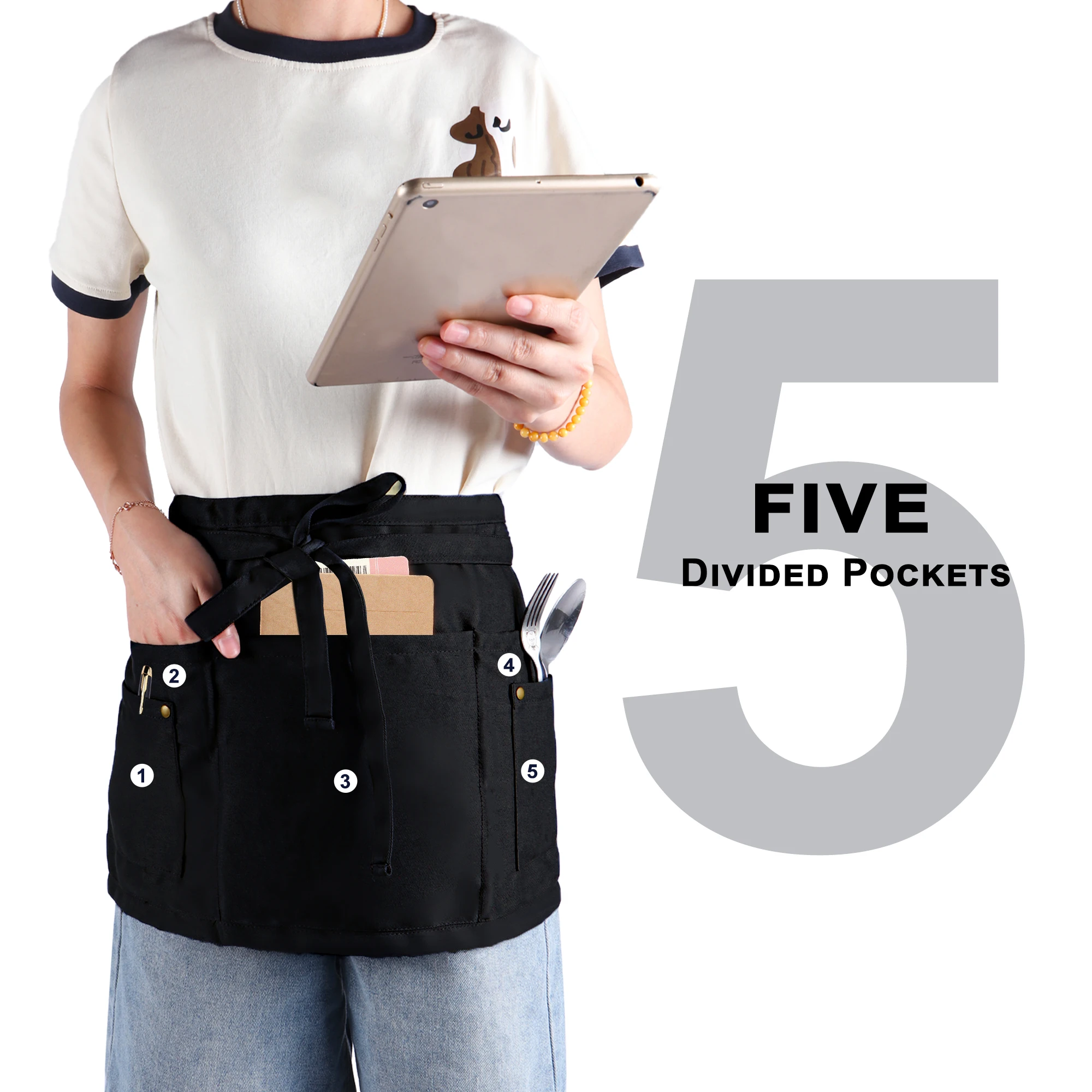 Short Server Apron with Multiple Pockets Studded Buckle Unisex Half Waiter Short Apron