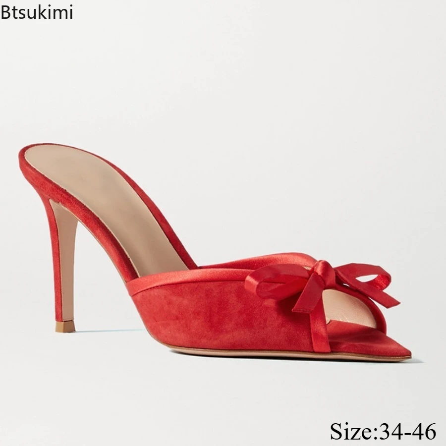 New Women's Suede Open Toed Bow High-heeled Slippers Fashionable Slim High Heels Mule Shoes Ladies Ball Club Party Dress Shoes