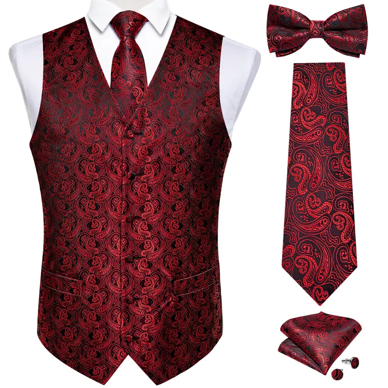 Men Black Paisley Vest Necktie Bowtie Pocket Square Cufflinks Dress Set жилетка мужская Classic 5 PCS Business Waistcoat for Man - Image 22