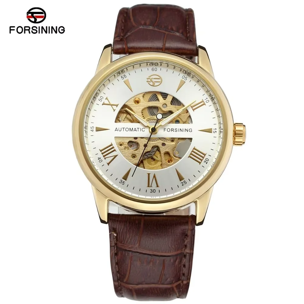 

FORSINING Модные повседневные мужские и женские часы с круглым золотым корпусом, автоматические механические наручные часы