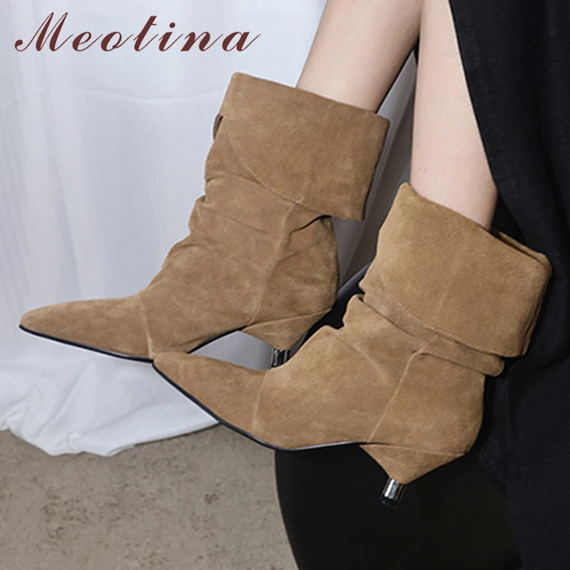 

Meotina Women Genuine Leather Ankle Boots Pointed Toe Thin High Heels Pleated Short Boots Lady Fashion Shoes Autumn Winter Black