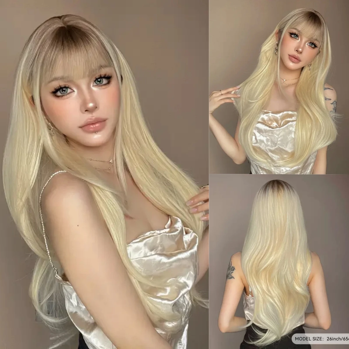 

Long Wavy Hair Blonde Wig Synthetic Wigs Lolita Cosplay & Party Wig Dark Root ombre wig Heat Resistant Fiber Wigs synthetic hair