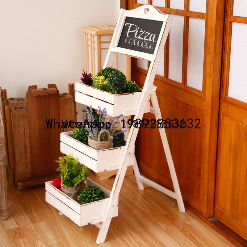 

G1 Vintage Solid Wood Three-Layer Folding Flower Stand Restaurant Window Country Style Ladder Balcony Green Plant Ornament