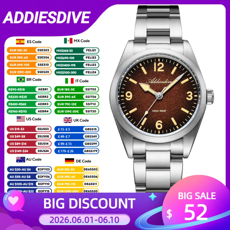 

ADDIESDIVE New 36MM Sapphire Men Quartz Watches Stainless Steel AR Coating 10Bar Clock Watch for Men Luminous Wristwatch AD2544