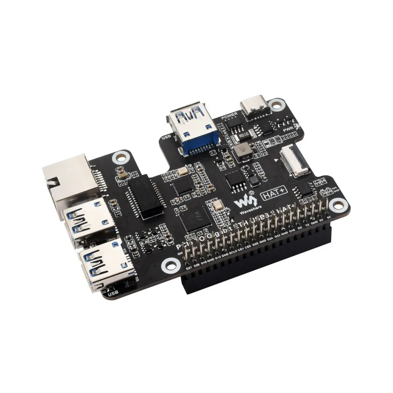 Waveshare PCIe To Gigabit Ethernet And USB 3.2 Gen1 HAT For Raspberry Pi 5, 3x USB 3.2 Gen1, 1x Gigabit Ethernet, Driver-Free