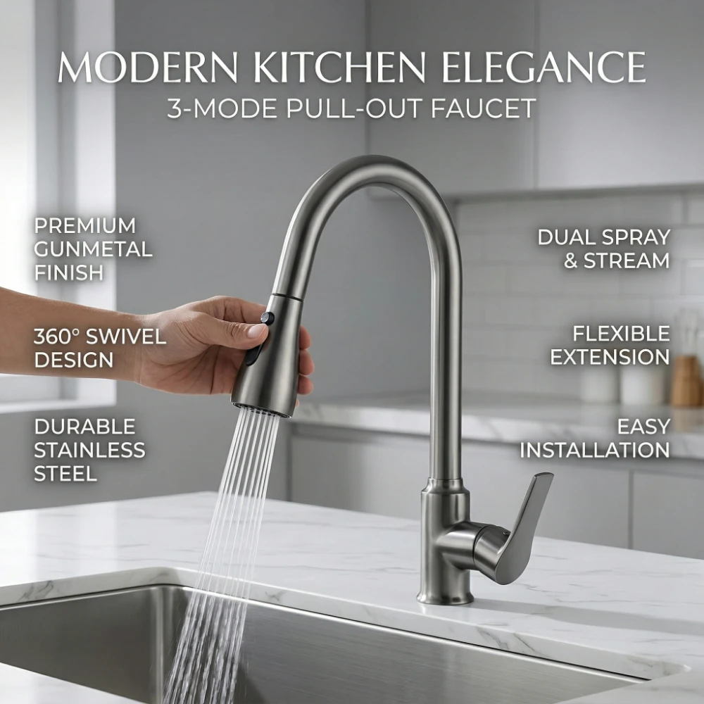 Brass Kitchen Faucet Pull-out Faucet 3 Function Water Modes Ceramic Disc Cartridge 360° Rotating Cold Hot Water Mixer Tap