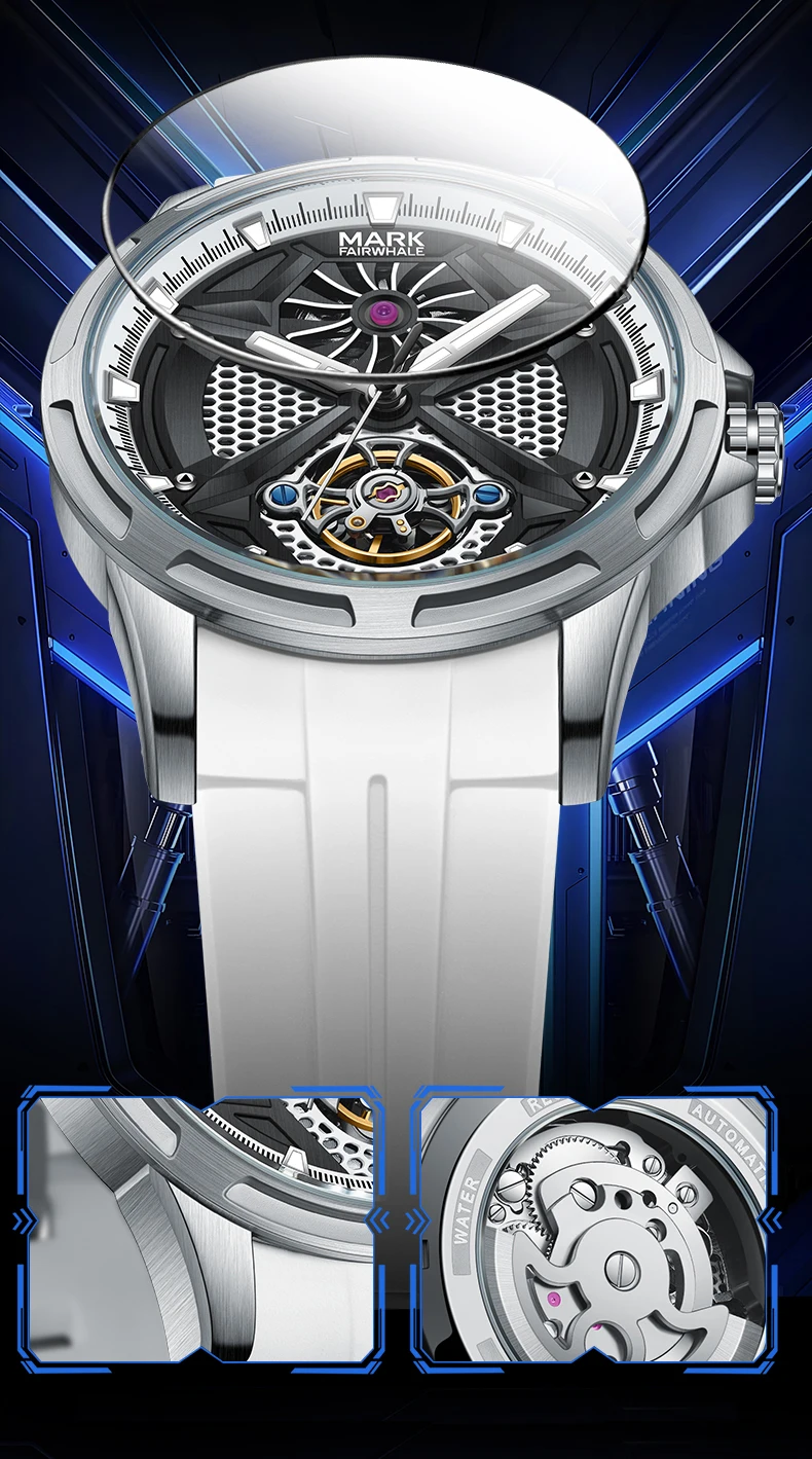 ساعة مارك فيرويل أوتوماتيكية للرجال 43 ملم ساعة يد ميكانيكية 30 متر مقاومة للماء بمينا هيكل عظمي مضيء