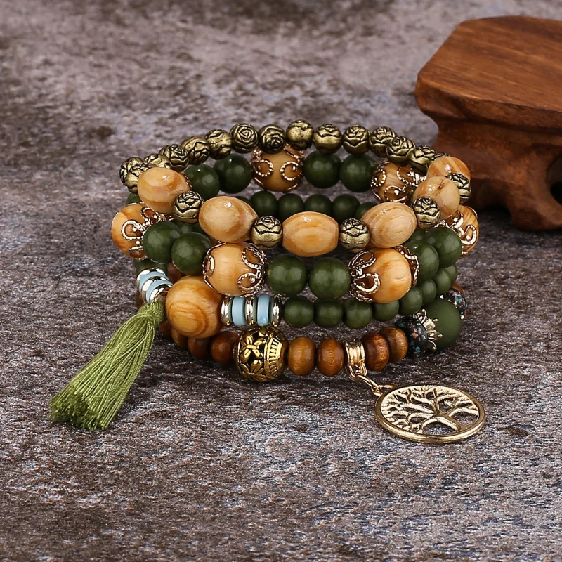 4pcs Bohemia Tree of Life Charm Beaded Bracelet Set for Women Ethnic Style Handmade Wood Beads Chain Bangle Female Tribe Jewelry