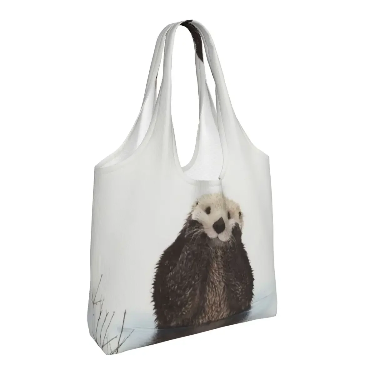 Reusable Sea Otter Shopping Bag Women Canvas Shoulder Tote Bag Portable Pet Animal Groceries Shopper Bags Photography Handbag