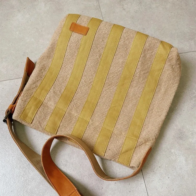 AETOO A new style of vegetable-tanned cowhide and linen bag, striped large-capacity single-shoulder crossbody bag, tote bag and