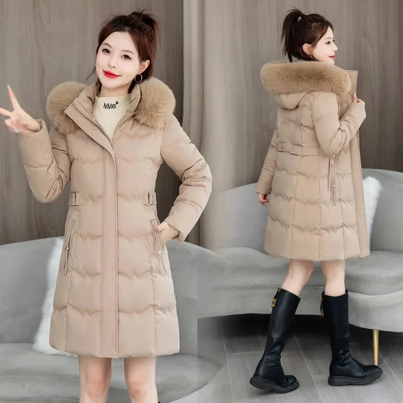 Chaqueta larga con cuello de piel para mujer, abrigos básicos gruesos, Parkas acolchadas de algodón, ropa de invierno, novedad de 2024