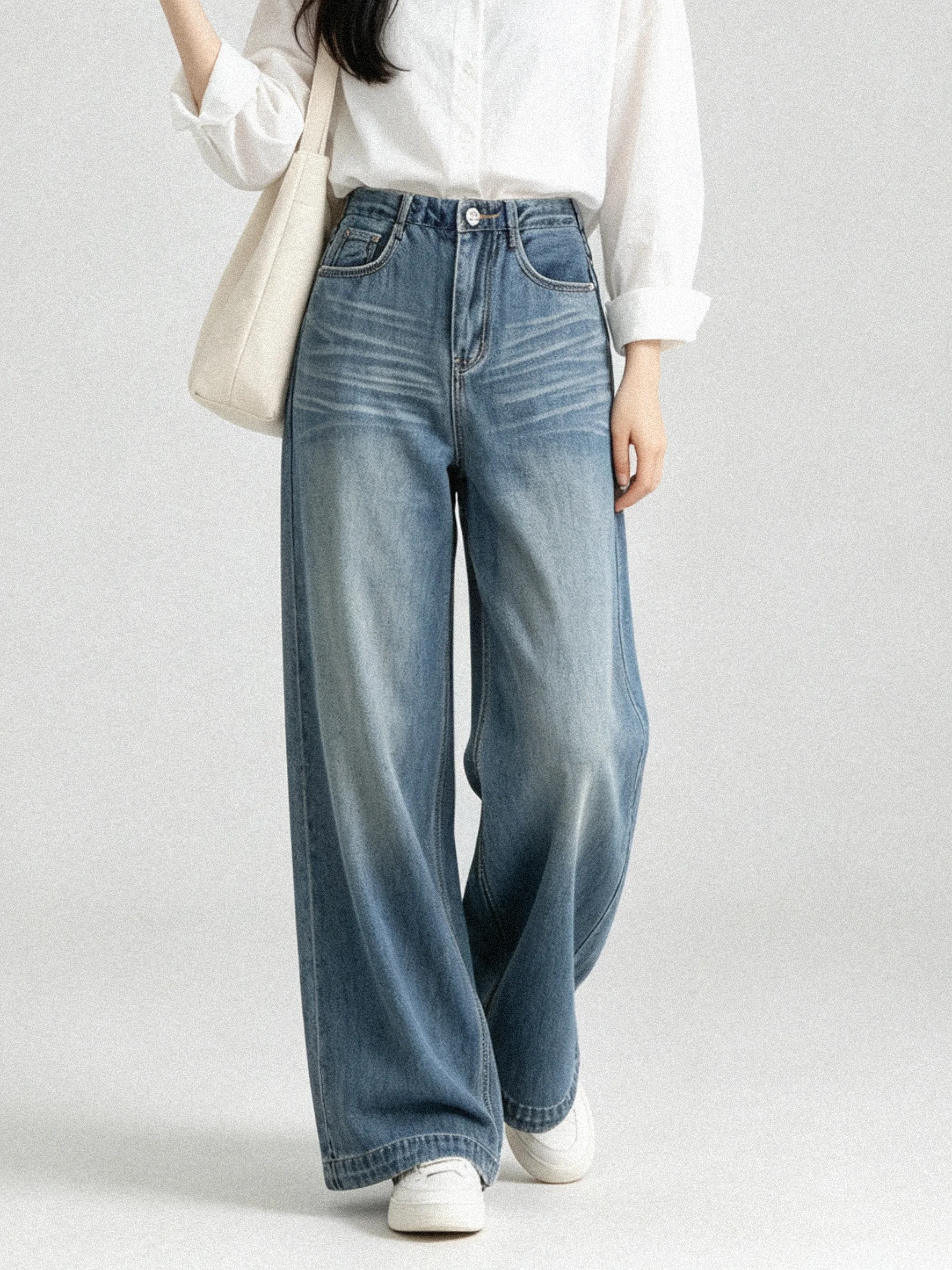 Early Autumn Korean Style High Waist Wide Leg Denim Pants Women's Commute Slimming Versatile Vintage Long Trousers