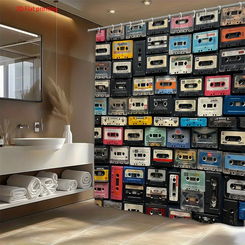 Retro Cassette Tape Shower Curtain Colorful Audio Tape Pattern 2D Digital Print Polyester Bath Curtain with Hooks
