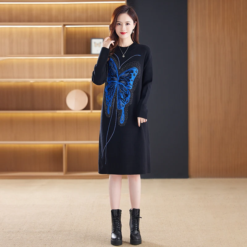 

2023 New Fashion Knitted Dress Women's Autumn/Winter Butterfly Cashmere Dress Korean Version Loose Fit Elegant Sweater Vestidos