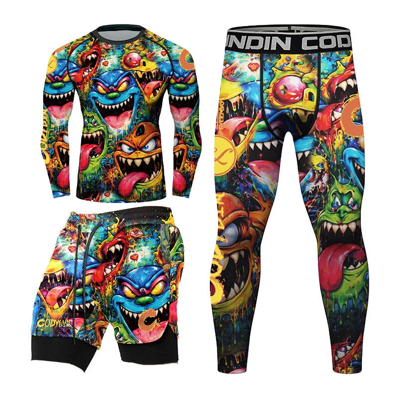 Men's 4PCS MMA BJJ Compression T-shirt + Fight Shorts Training Set Boxing Jiu Jitsu Rash Guard Leggings Boxeo Jerseys Sportsuit