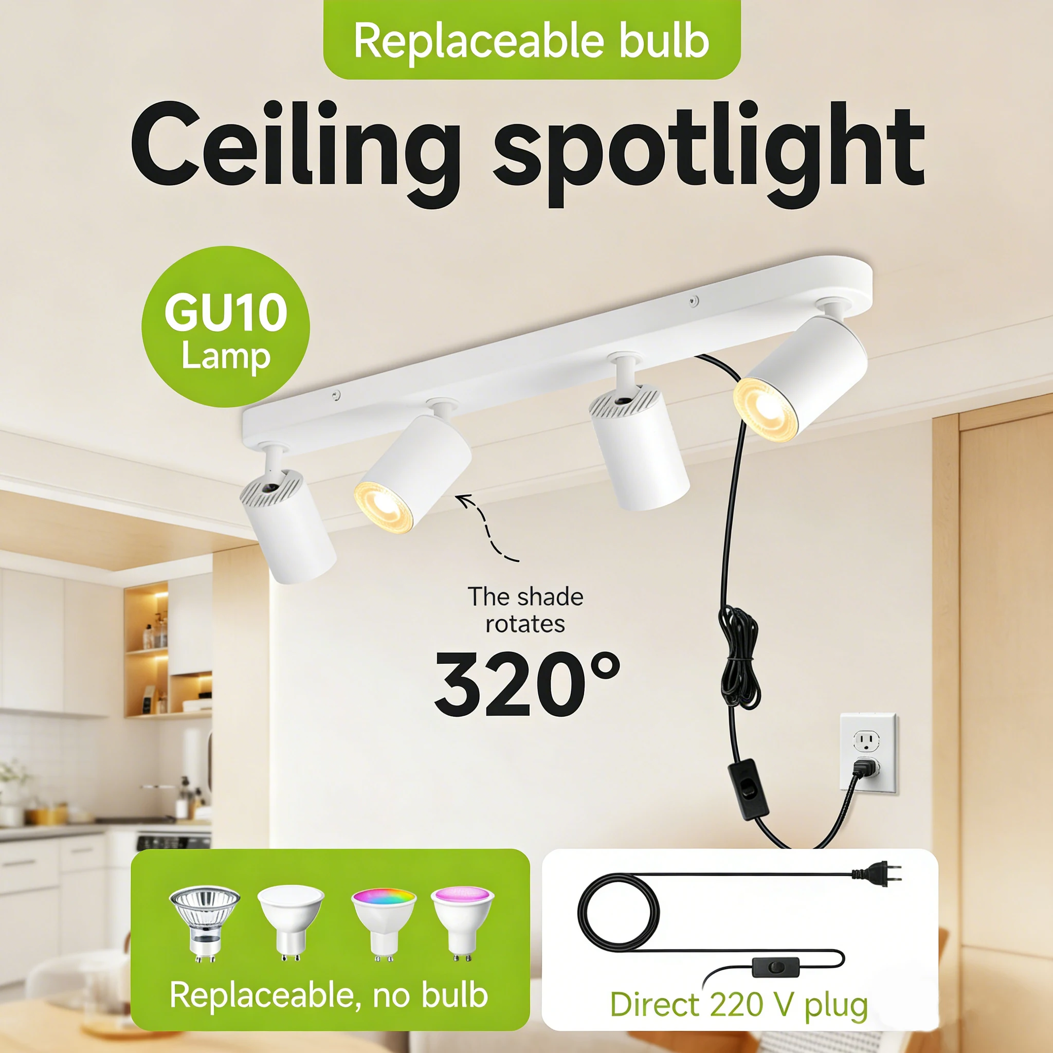 GU10 Spotlight Led Ceiling Light with Plug Switch Track Light for Home Decor Corridor Replaceable Bulb Ceiling Spot Lights