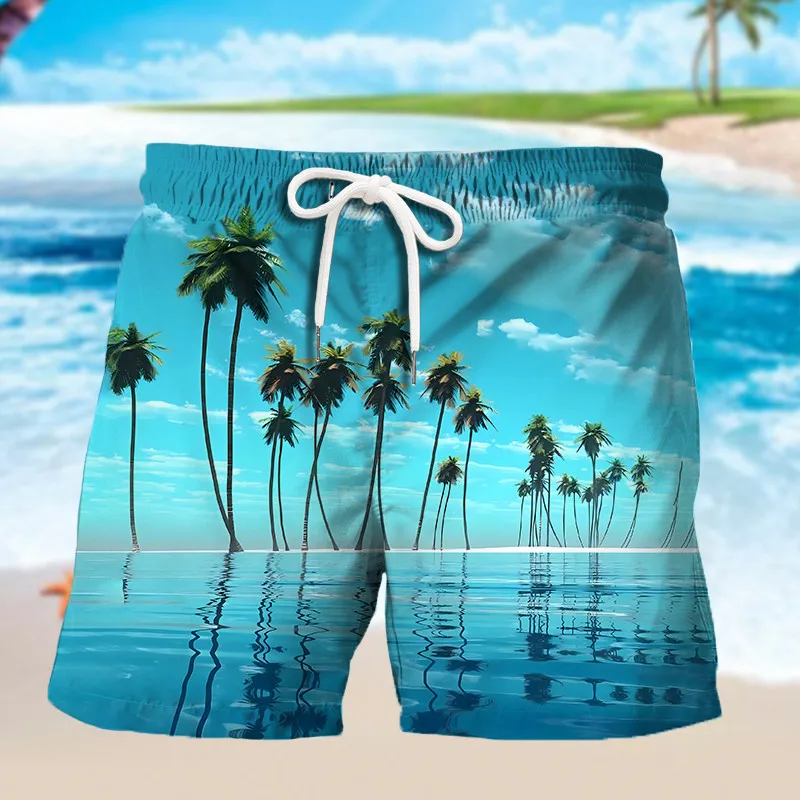 2023 Men\'s Holiday Beach Style Comfortable Casual Summer Shorts with Pull Rope and Mesh Lining Staggered Printed Men\'s Shorts