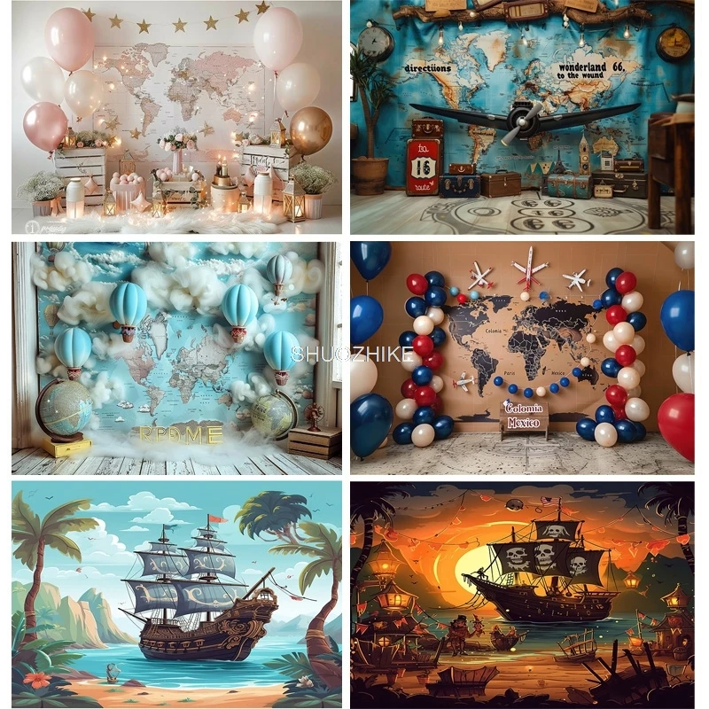 Balloon Blue Marine Wall Sailboat Photography Backdrops Birthday Party Decor Global Fishing Net Photo Studio Background TE-09