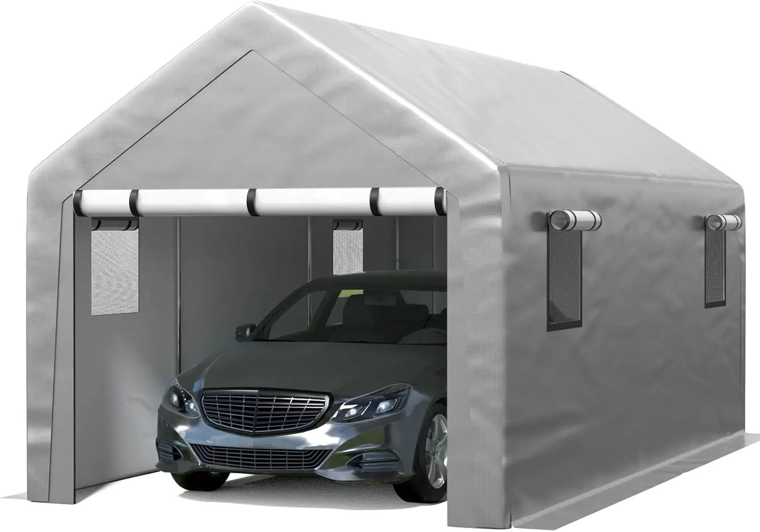 

Heavy-duty portable garage with roll-up windows, removable side walls and doors