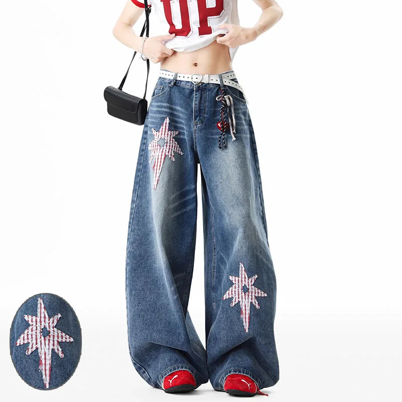 

Корейские джинсы-стрейч с объемным дизайном, прямые брюки, женские широкие брюки, модные повседневные свободные брюки