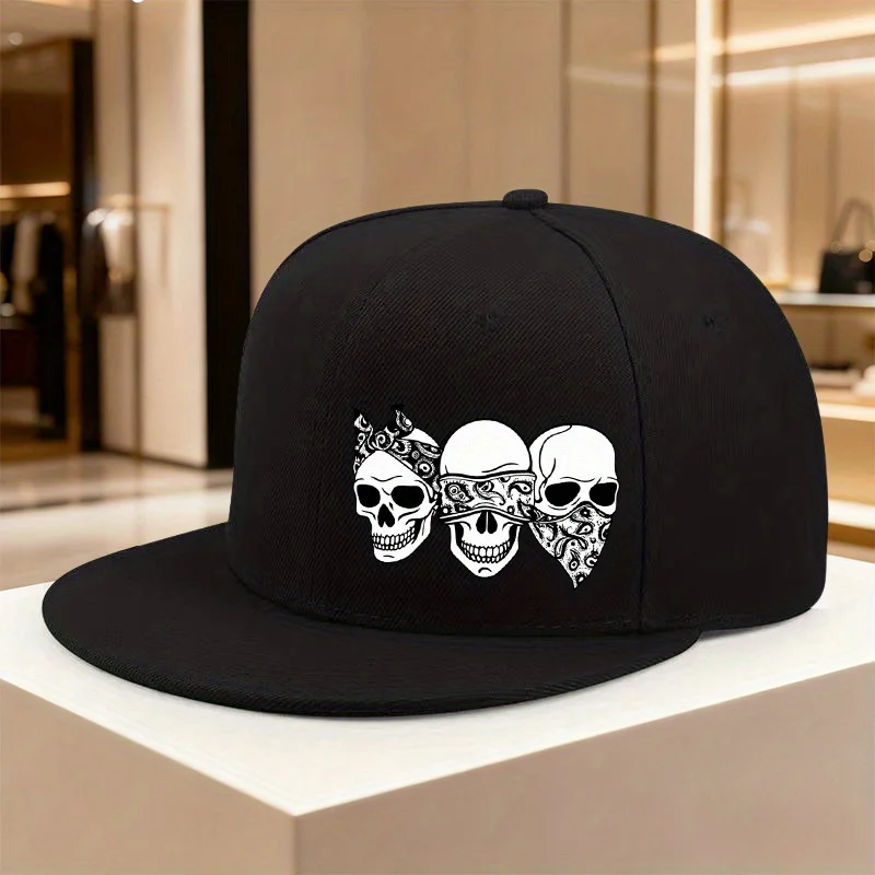 Three Skulls Hear See Speak No Evil Print Snapback Cap Polyester Adjustable Street Dance Baseball Hat Unisex