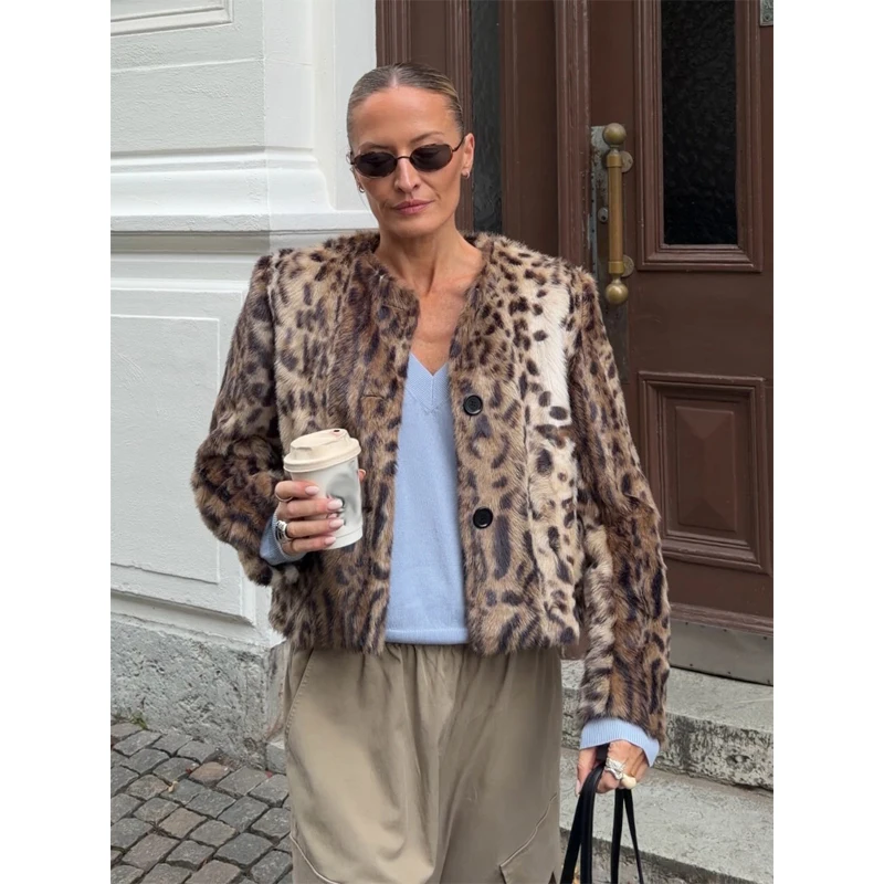 Leopard Print Faux Fur Short Jacket For Women Crew Neck Button Front Plush Thick Warm Loose Trendy New Chic Streetwear Outer Top