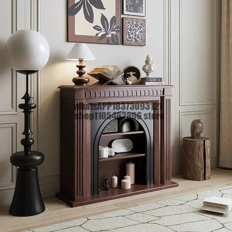 French retro fireplace decorative cabinet with lamp, walnut color shelf, medieval entrance side cabinet displayed again