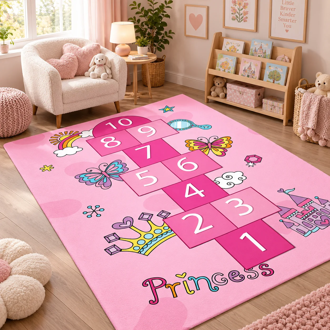 Pink City Hopscotch Play Area Rug Tech Fabric Diatom Mud Bedroom Playroom Nursery Living Room Floor Carpet Interactive Game Design City Street Theme Home Decor Early Learning Activity Space Gift Idea Colorful Room Decoration Indoor Recreation Rug